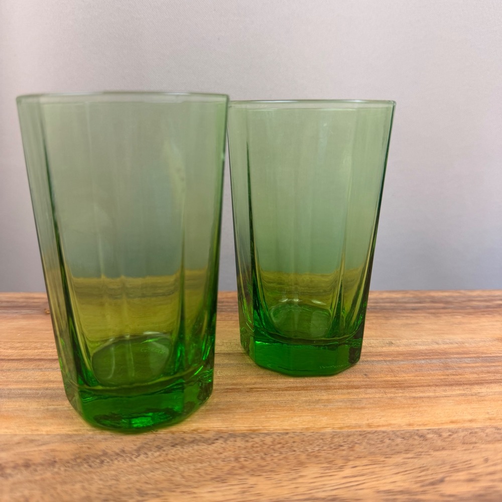 Seneca Lime Green Glass Tumblers Vintage Paneled Juice Water Glasses Set of 2